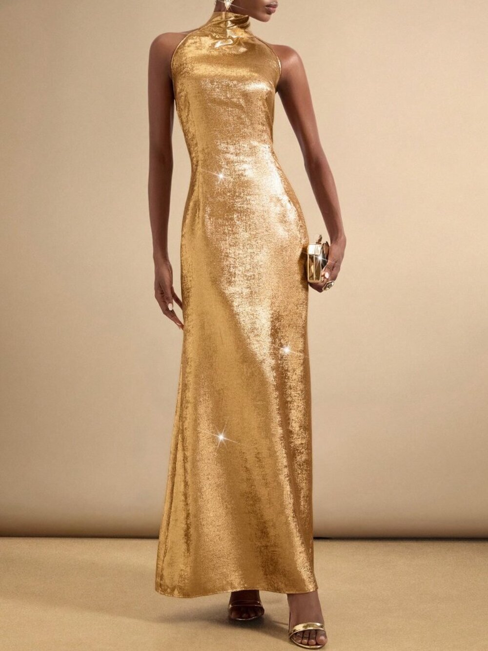 Gold Party Women's Sleeveless halter Turtleneck maxi Dress
